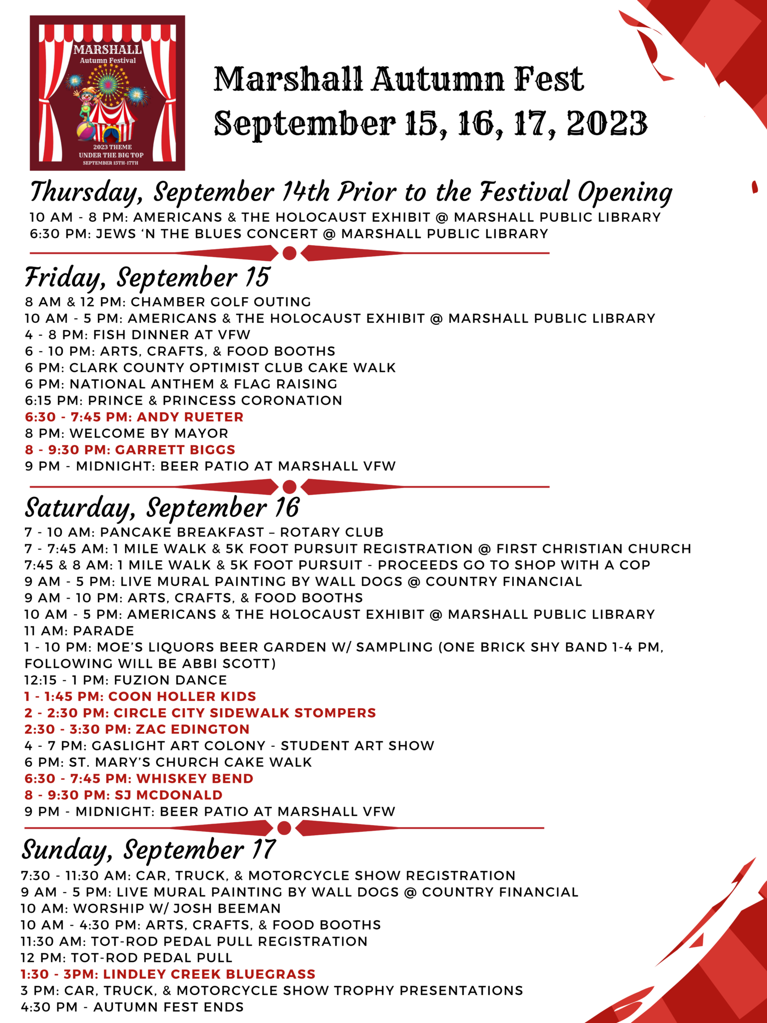 Schedule of Events Marshall Autumn Fest